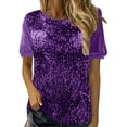 thumbnail image 2 of Jinhomg Sequin Tops for Women Sparkly Glitter Velvet Patchwork Party Shirts Plus Size Casual Short Sleeve Crew Neck Blouse Holiday Cocktail Party Night Wear Limited Time Prime Day Summer Purple XL, 2 of 6