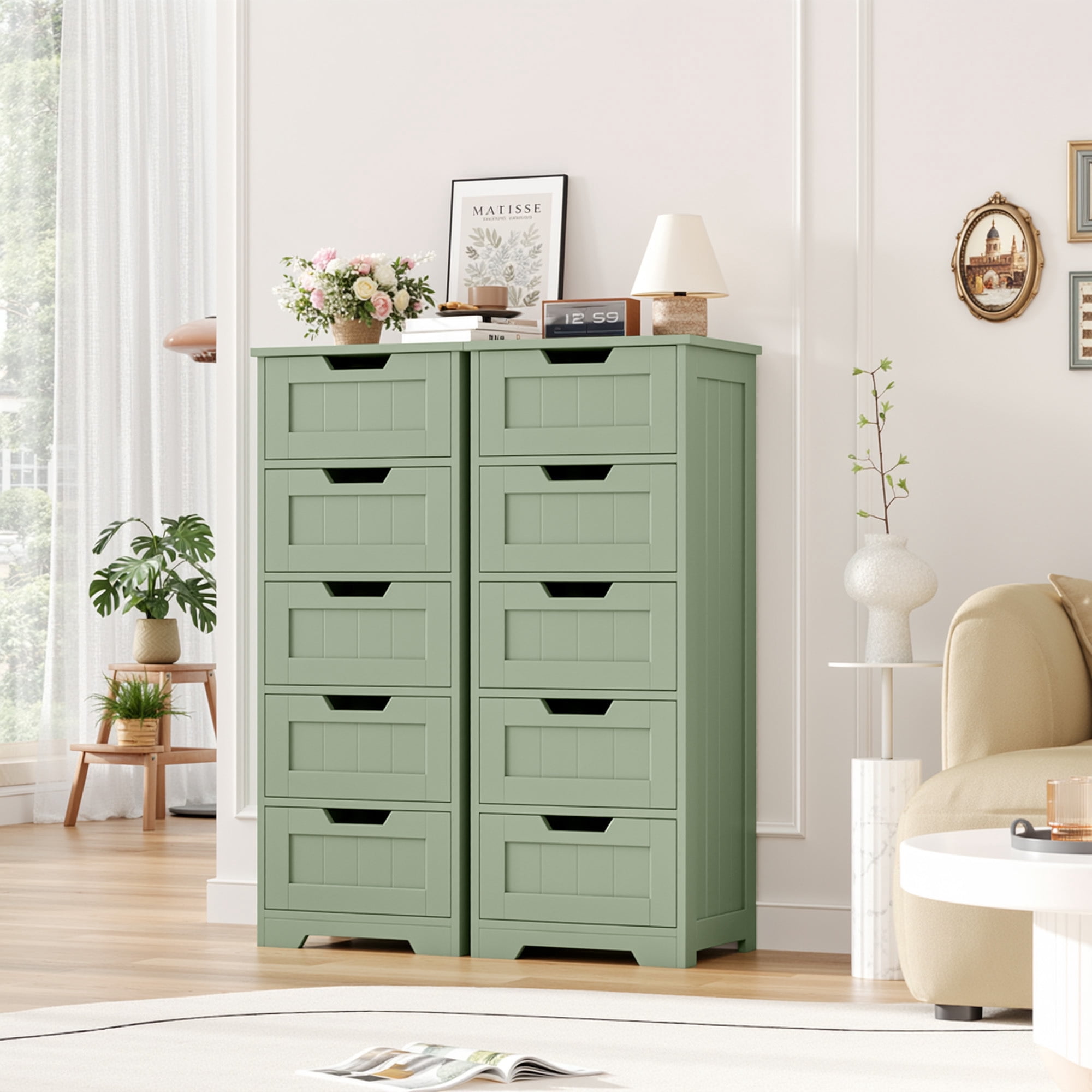 Homfa Modern Bathroom Cabinet, Free Standing Storage Cabinet with 5 Drawers Organizer Unit for Living Room Bedroom, Green