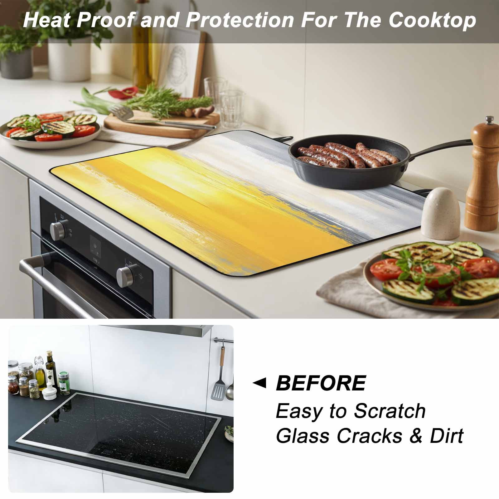 Yellow Gray Stove Top Cover for Electric Stove, Heat-proof & Non Slip Glass Top Stove Cover Protector, Modern Abstract Oil Painted Art Kitchen Flat Cooktop Rubber Mat 24x21 Inches