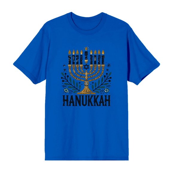 Hanukkah Menorah Adult Royal Blue Crew Neck Short Sleeve Tee-Medium