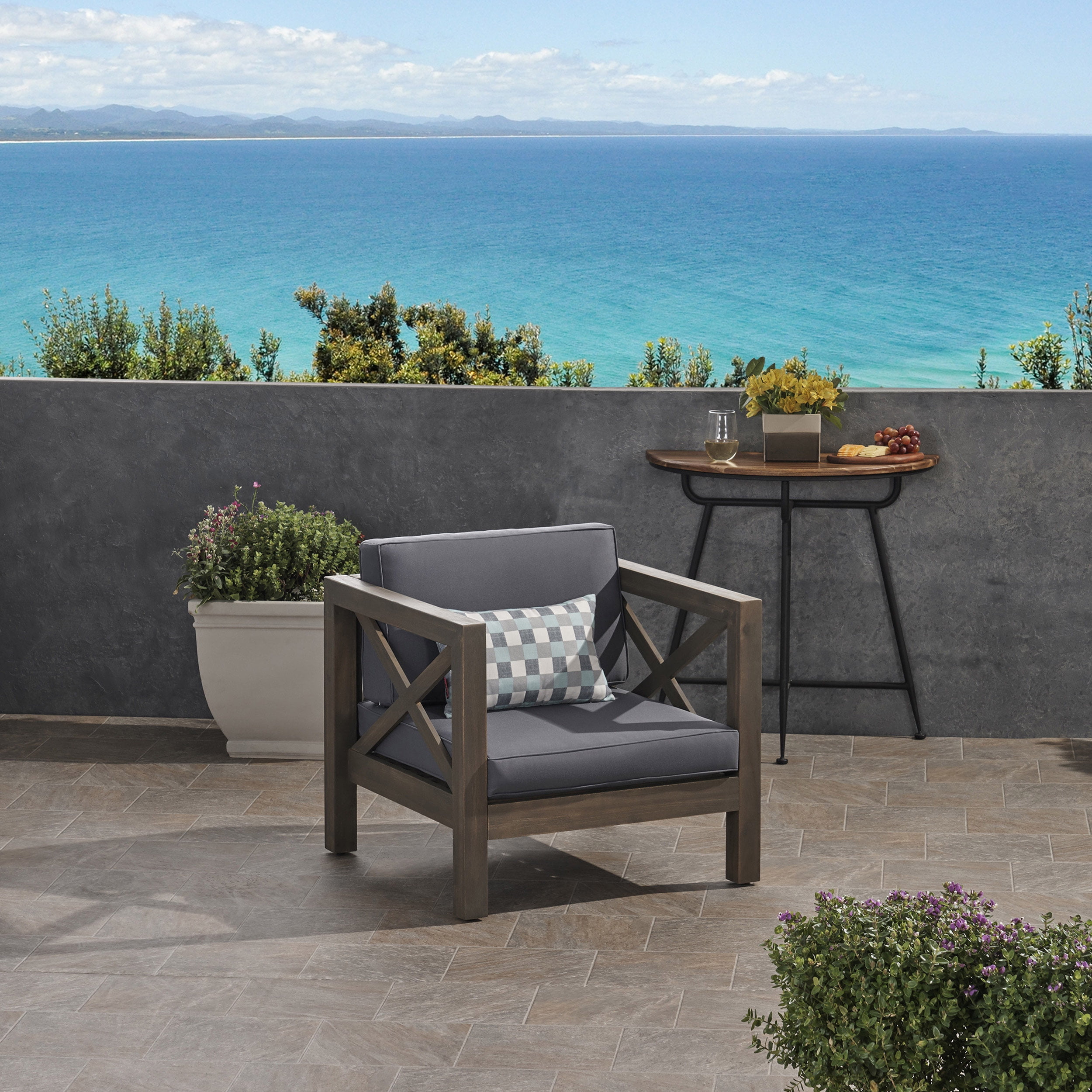 Elisha Outdoor Acacia Wood Club Chair with Cushion, Gray and Dark Gray