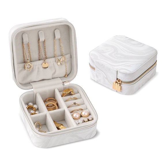 Casegrace Marble - Patterned Mini Travel Jewelry Box for Women Girl, PU Leather Gift Display Jewellery Storage Case, Organizer for Earrings, Rings, Necklaces