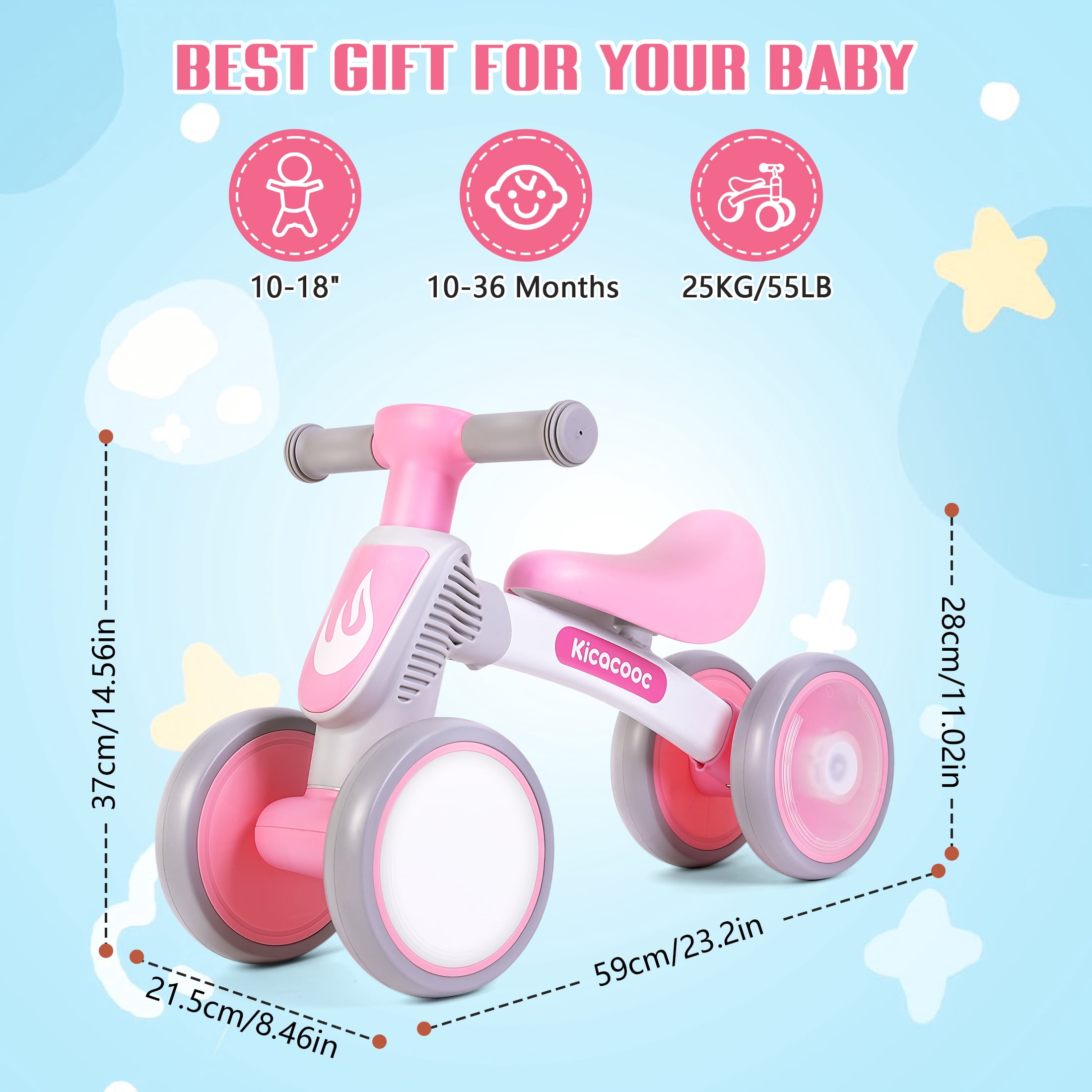 Kicacooc Toddler Balance Bike for 1 Year Old Boys Girls, Baby Balance Bike with No Pedal 4 Silence Wheels & Soft Seat First Bike, 12-24 Month Toddler Balance Bike, Pink