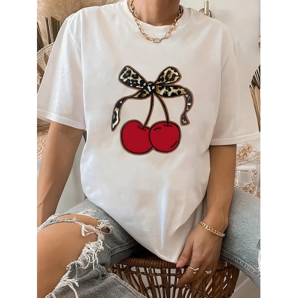 Retro Chic Women's White T-Shirt with Cherry & Leopard Bow Print - Casual Round Neck, Short Sleeve Top, Polyester, Machine Washable