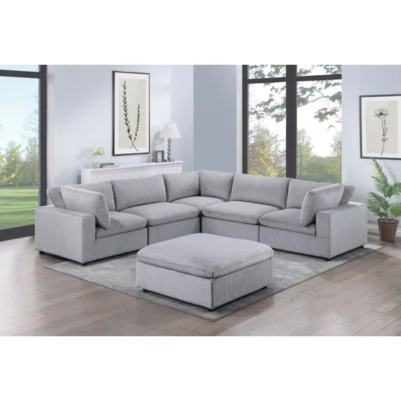 Modular Sectional Sofa Light Gray Corduroy Family 6pc Living Room Set 3x Corner wedge 2x Armless Chairs 1x Ottoman