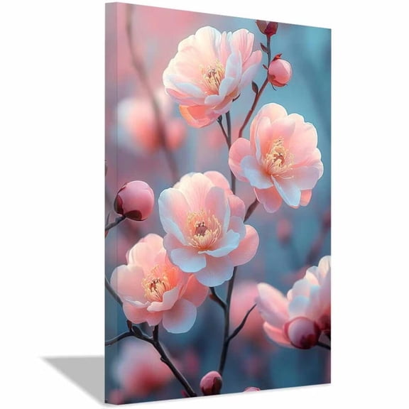 Mudket Soft Pink Peach Blossom Canvas Wall Art, Framed Floral Wall Decor, Delicate Flower Print for Living Room Bedroom, Ready to Hang - 12"L x 8"W