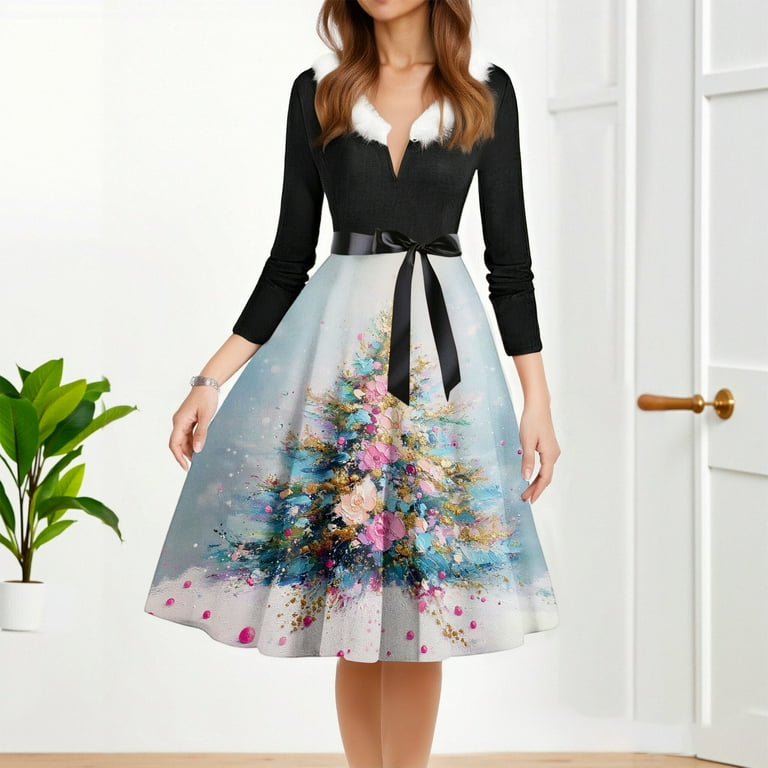 Christmas Dresses for Women Women's Fashion Round Casual Slim Fit Christmas  Print Large Swing Long Sleeve Dress for Holiday Party,Light Blue,M -  Walmart.com
