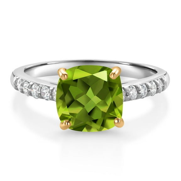 Gem Stone King 2.65 Ct Green Peridot G/H Lab Grown Diamond 10K White Gold Engagement Ring with Yellow Gold Prongs (Size 9)