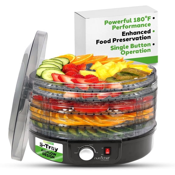 NutriChef Electric Countertop Food Dehydrator, 5-Tray Multi-Tier Food Preserver for Jerky, Fish, Meats, Mushrooms, Fruits & Vegetables