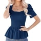 thumbnail image 1 of Camisa informal de oficina para mujer con mangas cortas y detalle fruncido, blusa elegante con dobladillo con volantes en azul L, 1 of 2