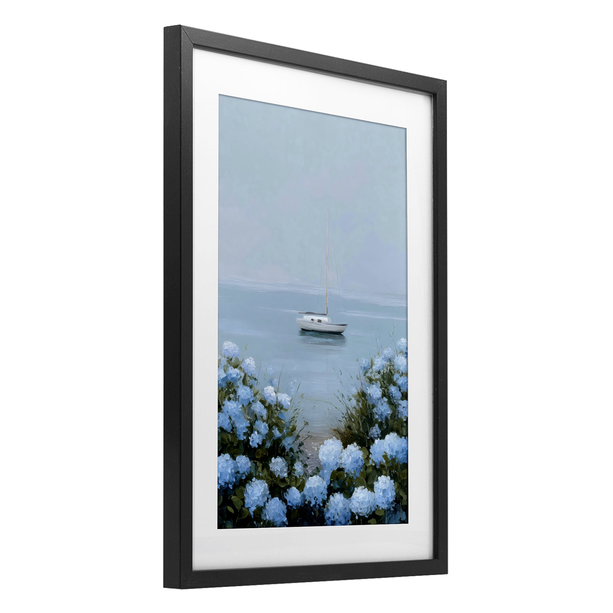 Stupell Industries Yacht in Floral Bay Black Framed Print Under Glass, design by Petal Prints Design