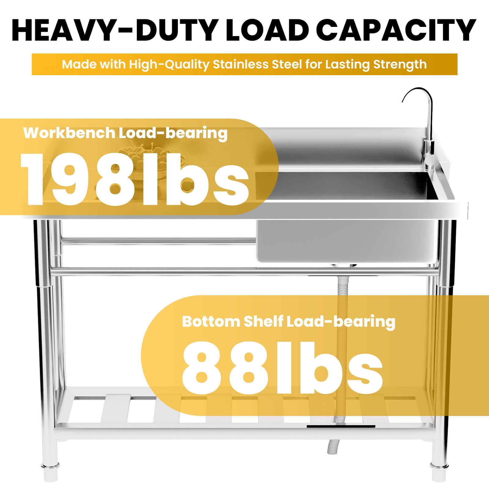 Zhuotong 47" Freestanding 304 Stainless Steel Single Bowl Commercial Sink, 360° Swivel Faucet, Backsplash, Storage Shelf & Adjustable Feet, Heavy Duty for Restaurant, Kitchen, Garage & Laundry