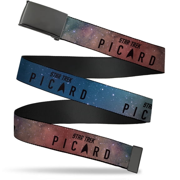 Adjustable Belt, Clamp Buckle, Cut-to-Fit, Star Trek Picard Title Logo Galaxy Black