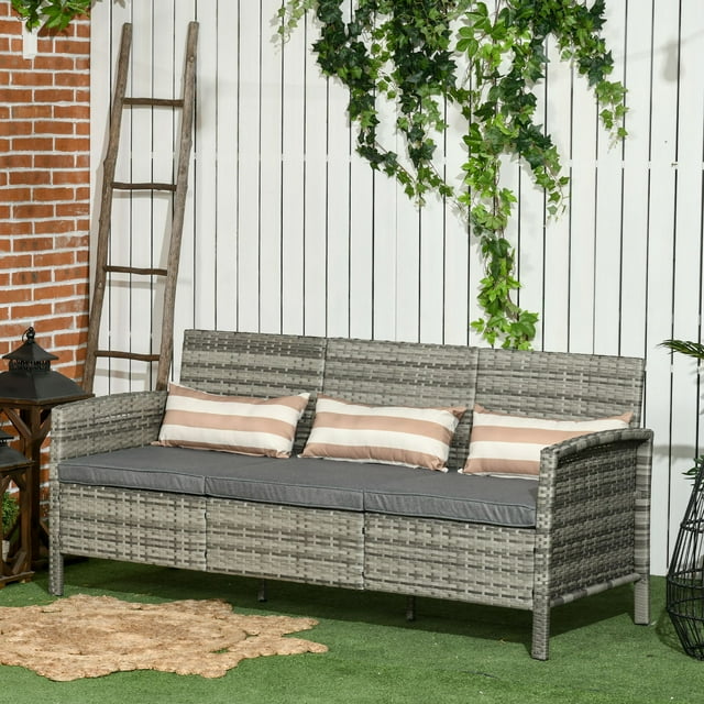 Grey Rattan 3-Seater Sofa Chair With Cushions For Patio And Garden Use