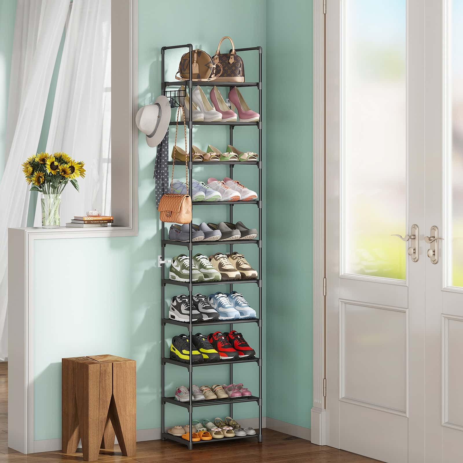 10 Tier Metal Shoes Rack, Bug Hull Narrow Stackable Shoes Shelf with Hooks, Shoe Tower for 20-24 Pairs Shoe and Boots Organizer, Black