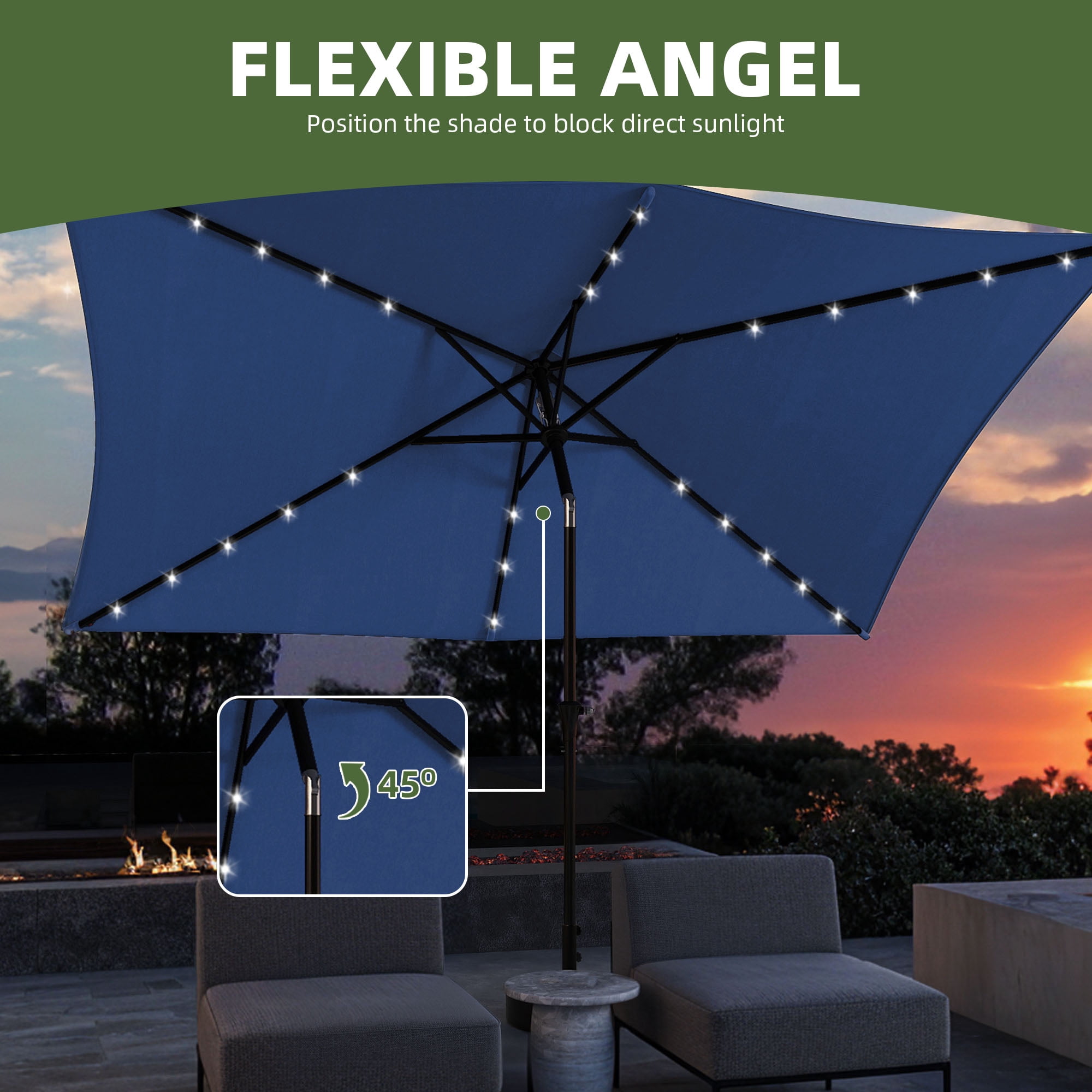 Uforic 6.5' x 10' Patio Umbrellas with 26 LED Lights, Outdoor Portable Shade Market Table Umbrella with Push Button Tilt & Adjust Crank, UV Resistant, Navy Blue