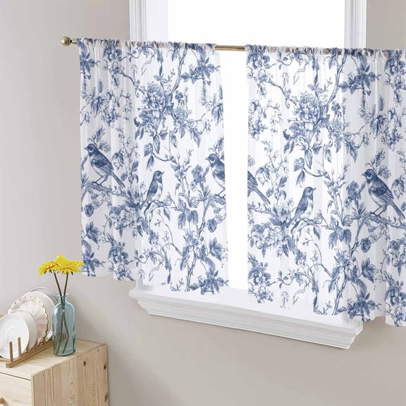 Blue Bird Flower Semi Sheer Curtains 45 Inch Length 2 Panels Set, Retro Tree Branch Floral Fall Winter Sheer Kitchen Curtain Privacy Voile Window Curtain for Living Room Bedroom Rod Pocket Drapes