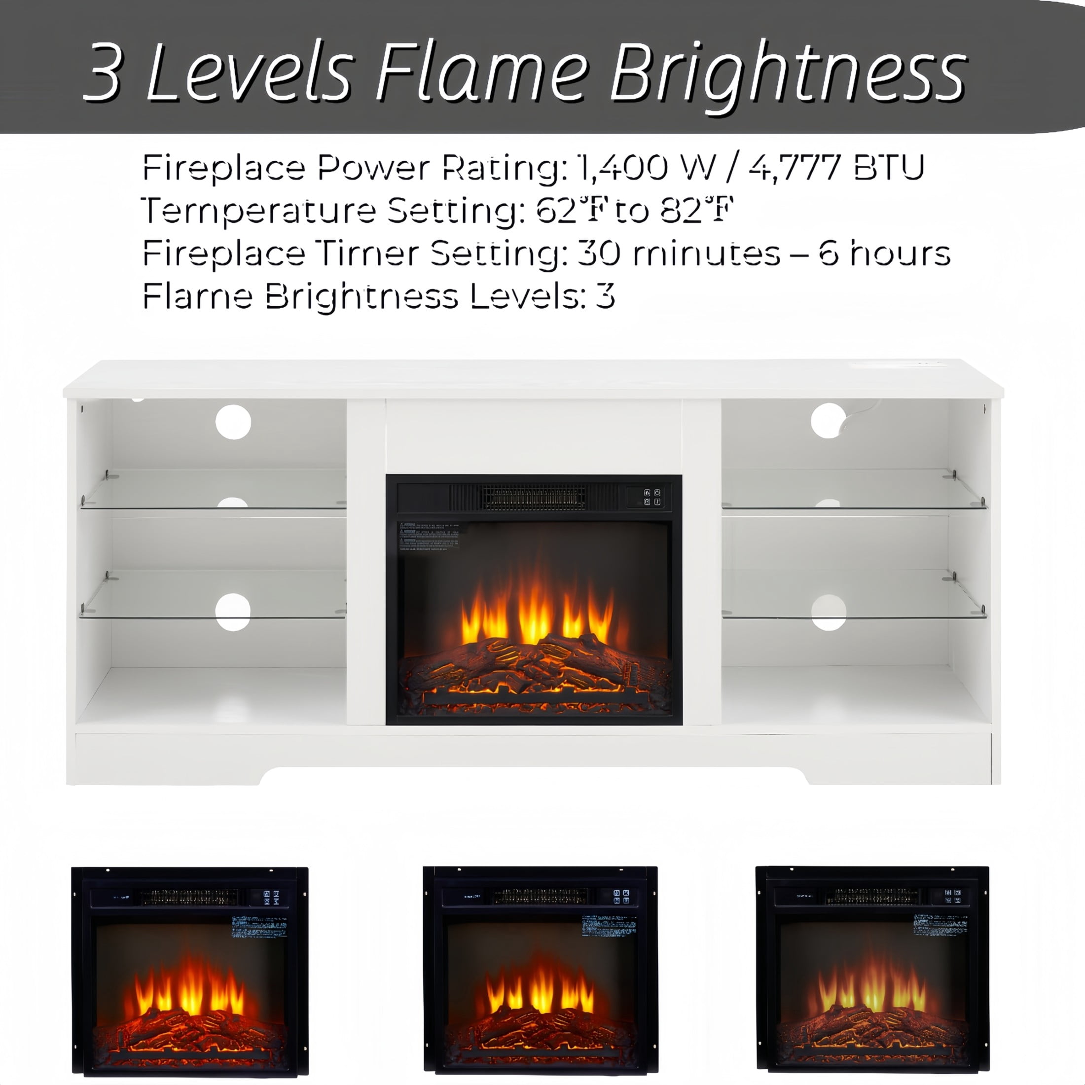 Noble House Hector 58" Electric Fireplace TV Stand, Media Console with Glass Shelves, Cable Hole, 62" TVs, White