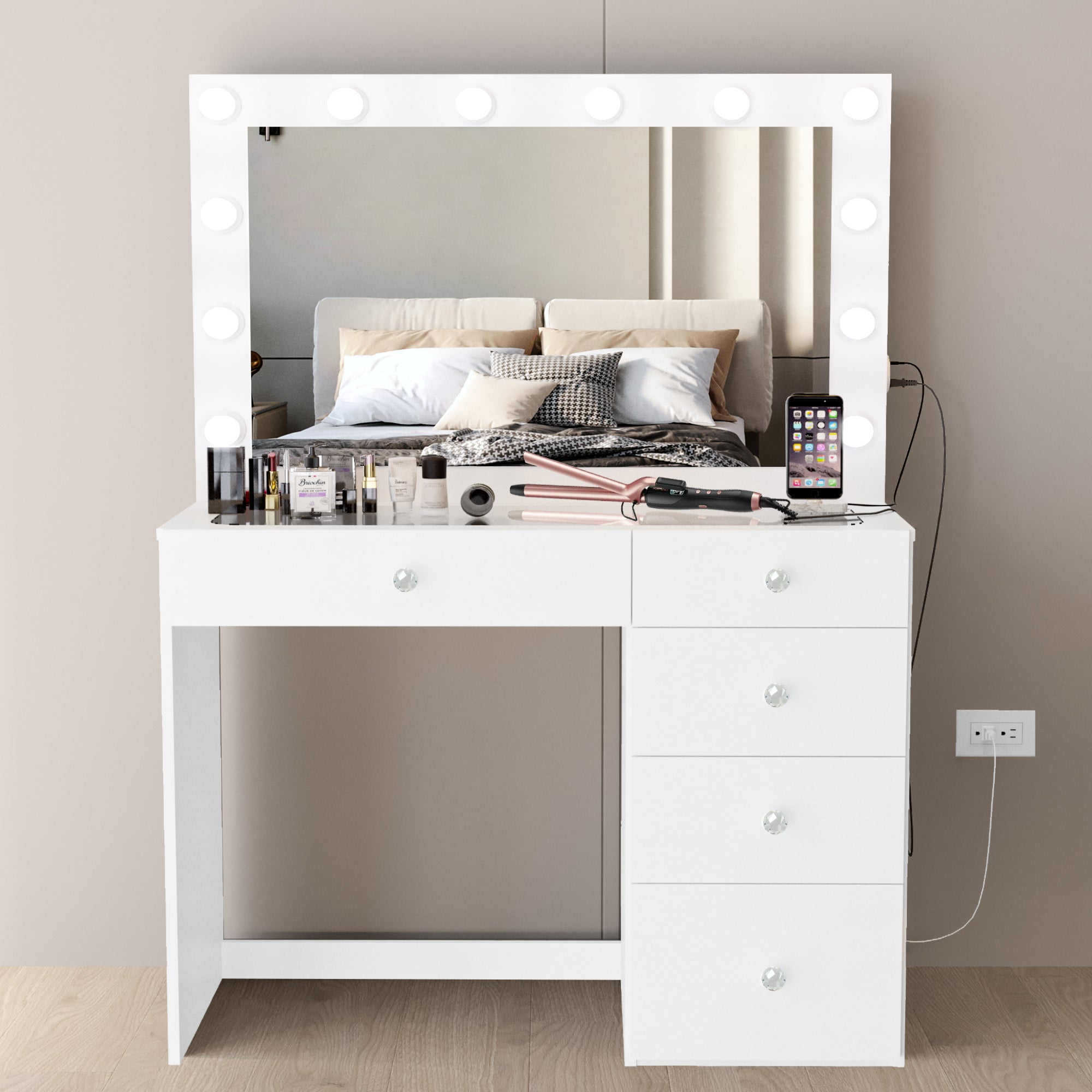 5 Mirror with Boahaus and White Vanity Desk Lights, Ball Knobs, Crystal Black Alana Drawers,
