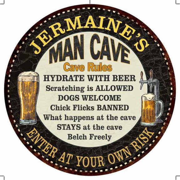 JERMAINE'S Man Cave Rules 12" Round Metal Sign Garage Wall Decor 200120010470