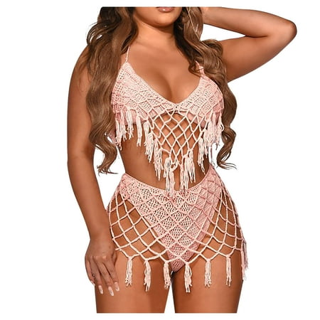 TMOYZQ Women s Cover Up Sets Halter Tie Back Fringe Hollow Out Knit Swimsuit 2 Piece Beach Bikini Sets Coverup