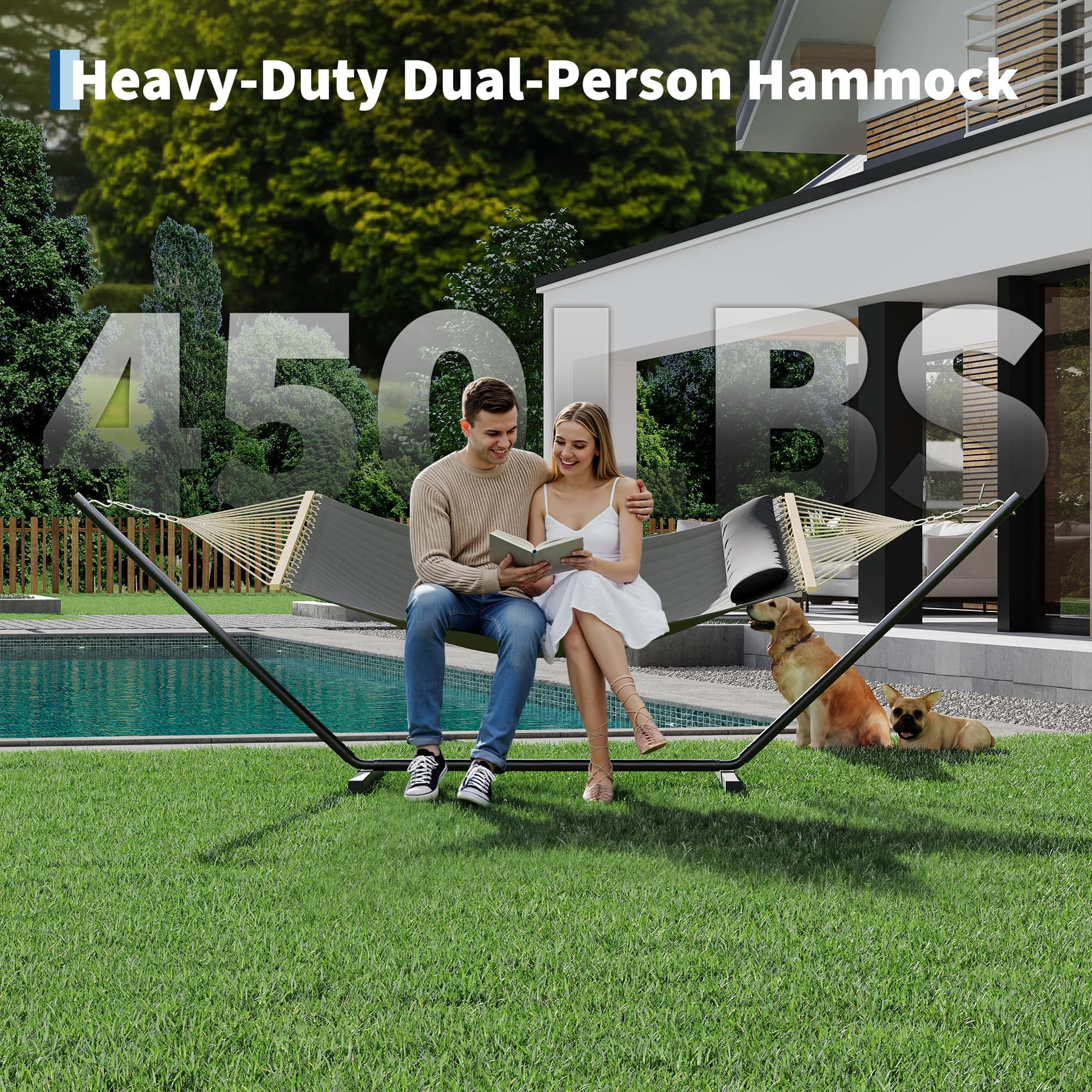 Double Hammock with Stand for Outdoor, Heavy Duty Portable 2 Person Hammock with Adjustable Steel Stand for Patio, Garden, Beach, Backyard