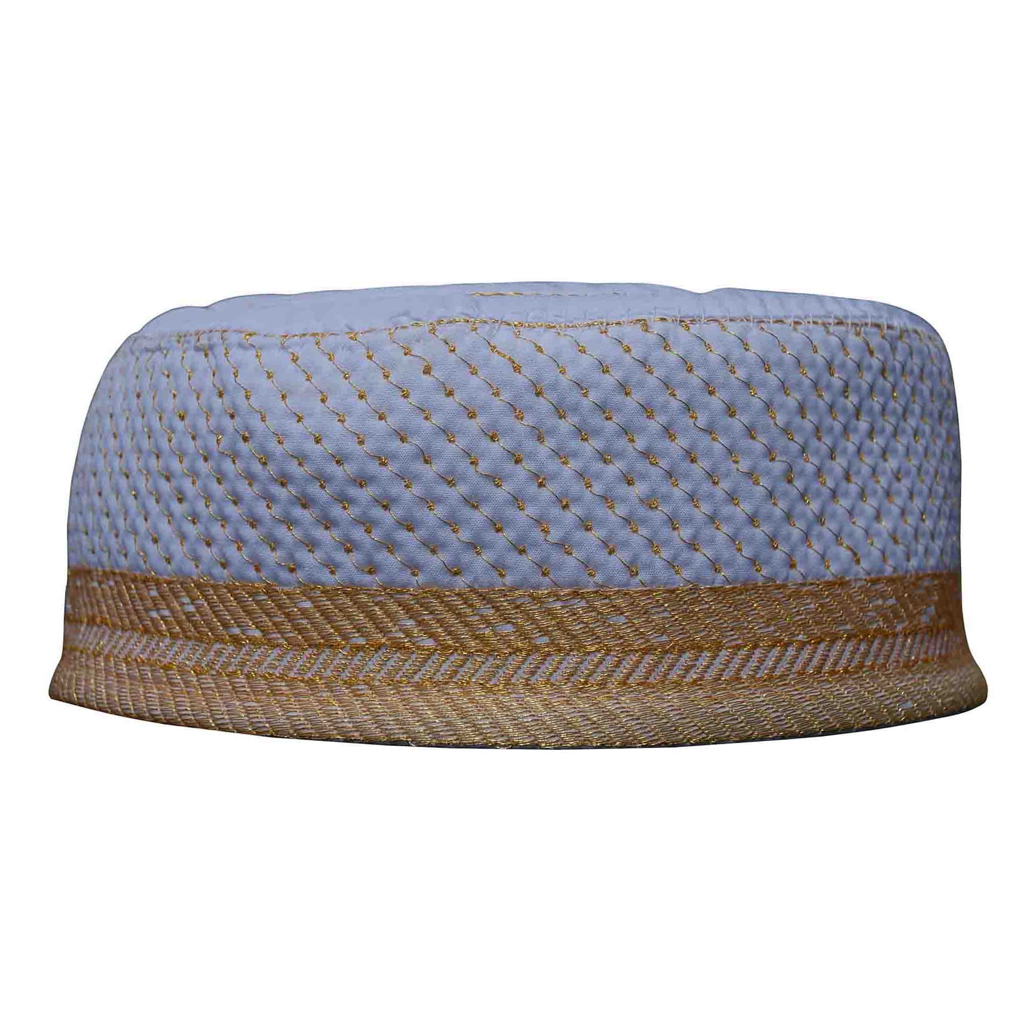TheKufi® White Metallic Gold Embroidered Padded & Quilted Soft Kufi Hat