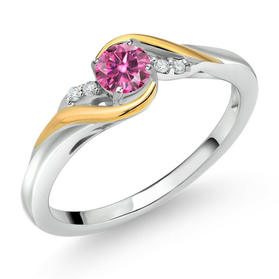 Gem Stone King 925 Sterling Silver and 10K Yellow Gold Round Pink Moissanite and White Lab Grown Diamond Engagement Ring for Women (0.26 Cttw, Gemstone Birthstone, Size 9)