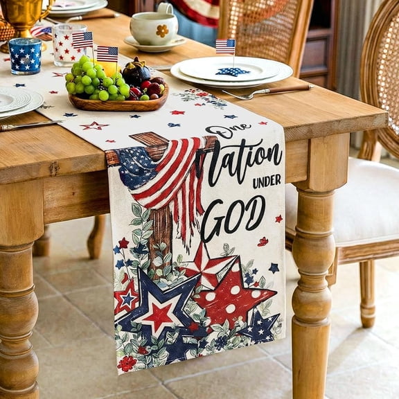 Patriotic Cross Star Table Runner 13" x 70", Independence Day Americana Decor for Farmhouse Kitchen Dining Tables