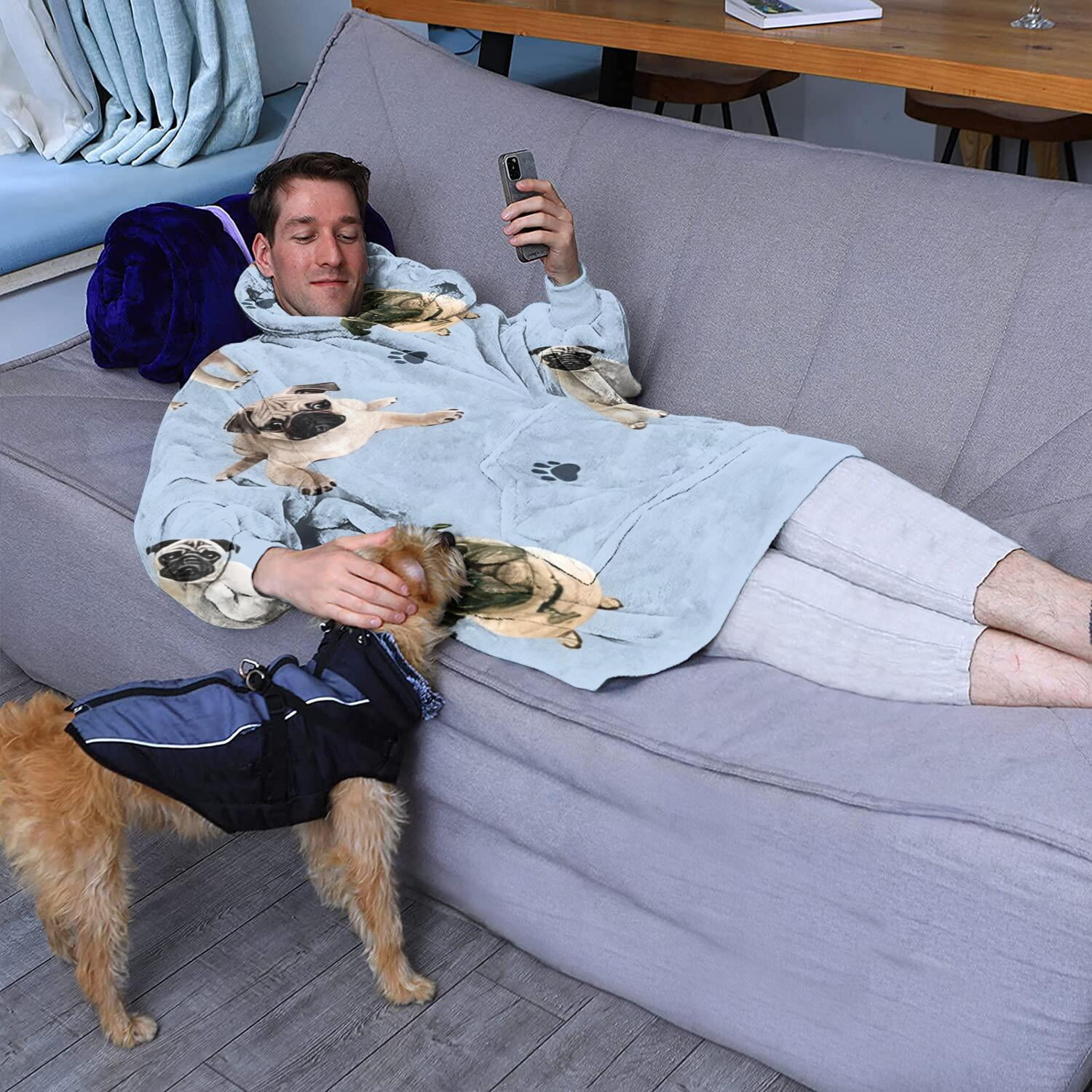 Pug and Footprints Wearable Oversized Blanket,Wearable Blanket Hoodie for Adults,Cozy Hooded Blankets with Super Pockets,Super Warm Fuzzy Pullover for Women & Men