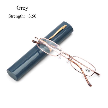 Unisex Small Compact Spring Hinge Metal Case with Pen Tube Case Reading Glasses Portable Presbyopic Glasses GRAY STRENGTH 3.50