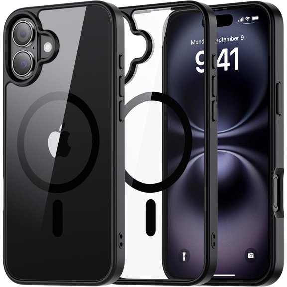 Magnetic for iPhone 16 Plus case, [Compatible with MagSafe][Clear Hard Back with Soft TPU Frame][12FT Military Grade Drop Protection] Shockproof Phone Case, Clear Black