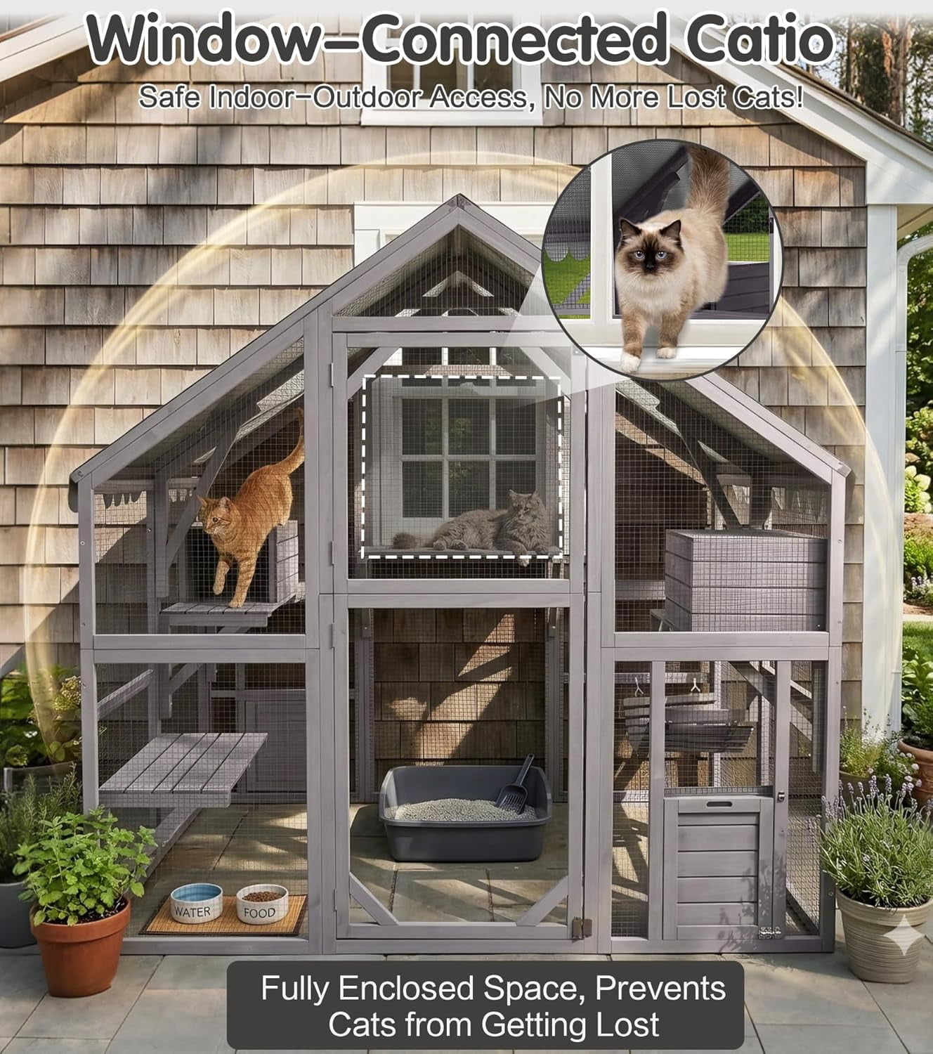 Aivituvin Extra Large Catio Outdoor Cat Enclosure Window Design for 6-10 Cats, Walk-in Patio Cat House with 4 Access Doors, Waterproof Roof
