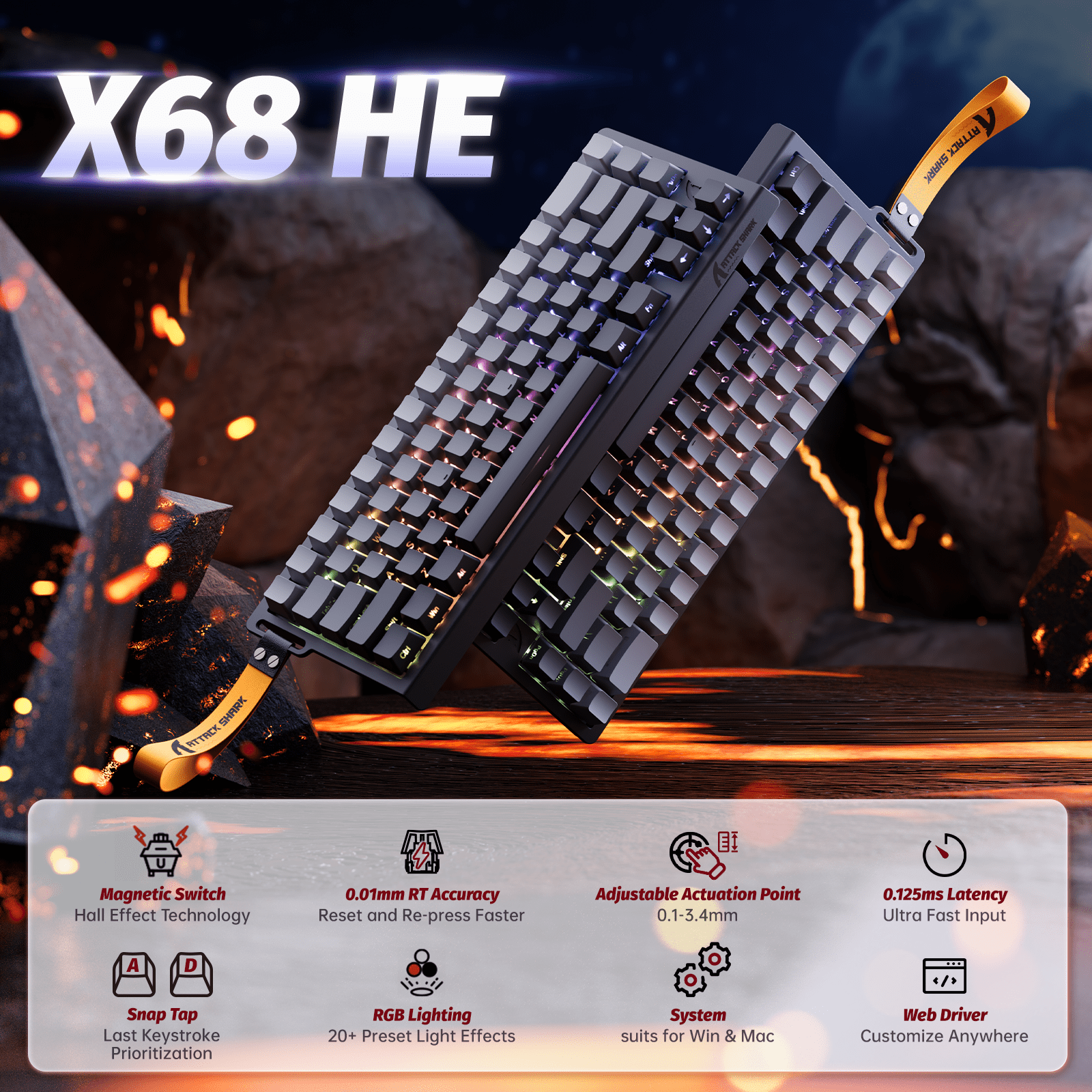 ATTACK SHARK X68 HE 60% Wired Mechanical Gaming Keyboard, Rapid Trigger, Adjustable Actuation, Hall Effect Magnetic Switches, 8KHz Polling Rate, RGB Backlit, PC/Mac Compatible, Gray