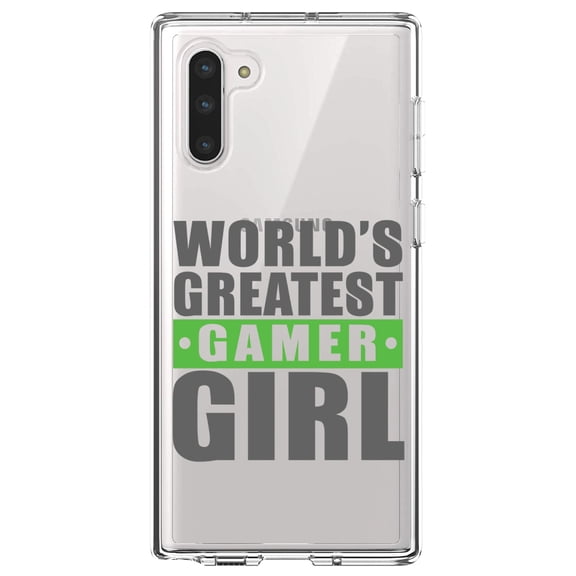 DistinctInk Clear Shockproof Hybrid Case for Samsung Galaxy Note 10 (6.3" Screen) - TPU Bumper Acrylic Back Tempered Glass Screen Protector - World's Greatest Gamer Girl Video Games