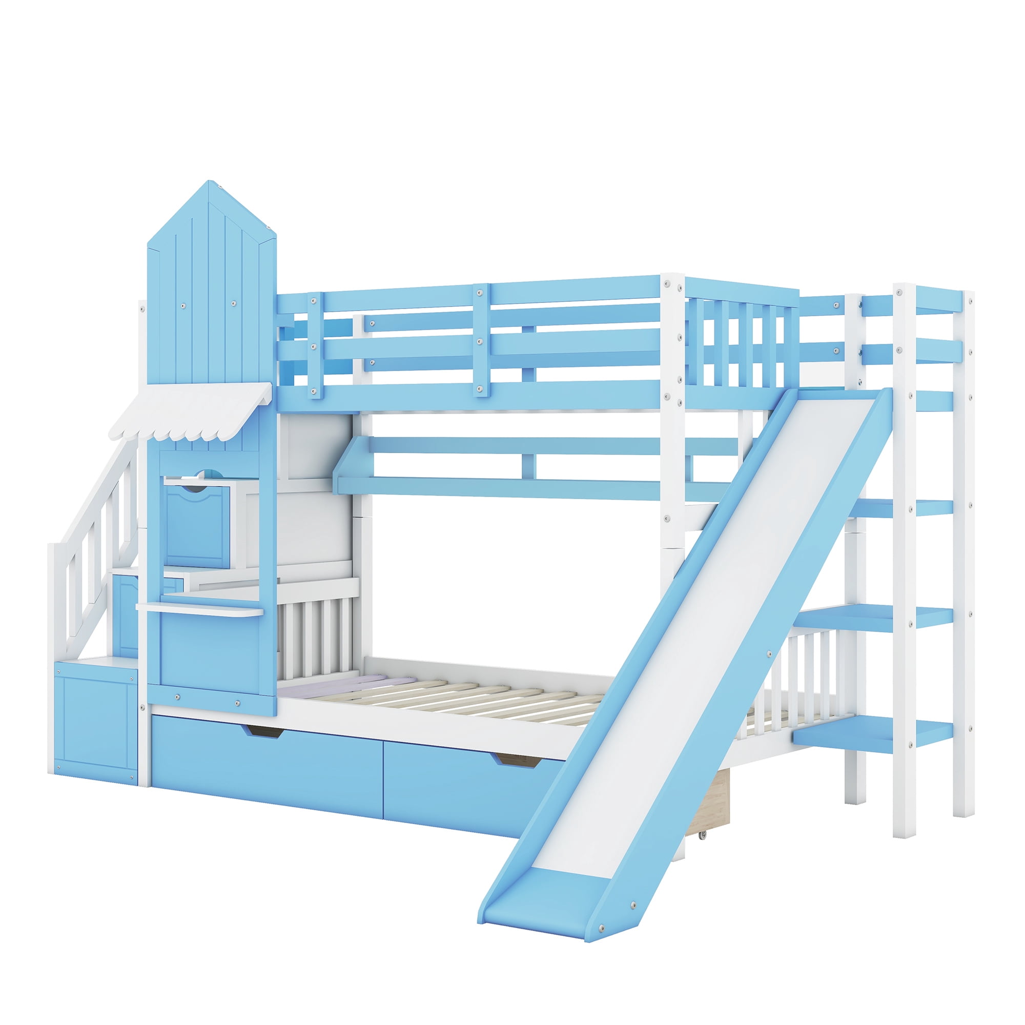 Twin over Twin Castle Style Bunk Bed with Slide and 2 Drawers, Solid Wood Princess Bed House Bunk Bed with Storage Shelves, Storage Staircase and Ladder