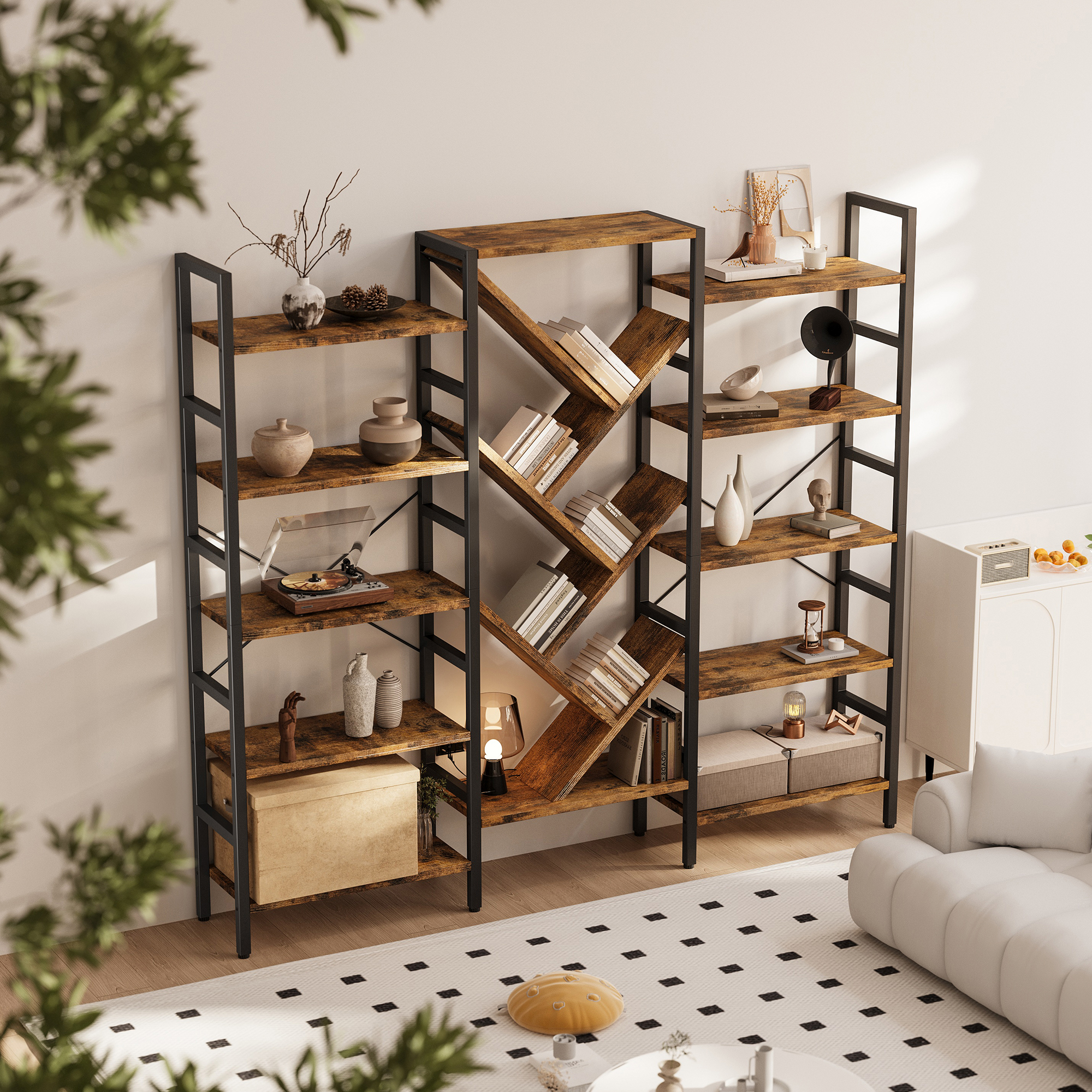 Triple 5 Tier Bookshelf, Large Wooden Bookcase with 17 Open Display Shelves, Modern Tree Book Shelf Metal Frame Tall Bookshelves Furniture for Living Room Bedroom Home Office Rustic Brown