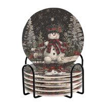 6 Pcs Drink Coasters with Holder 3.94in Woven Coasters for Drinks Christmas Snowman Coaster Set for Protection Table
