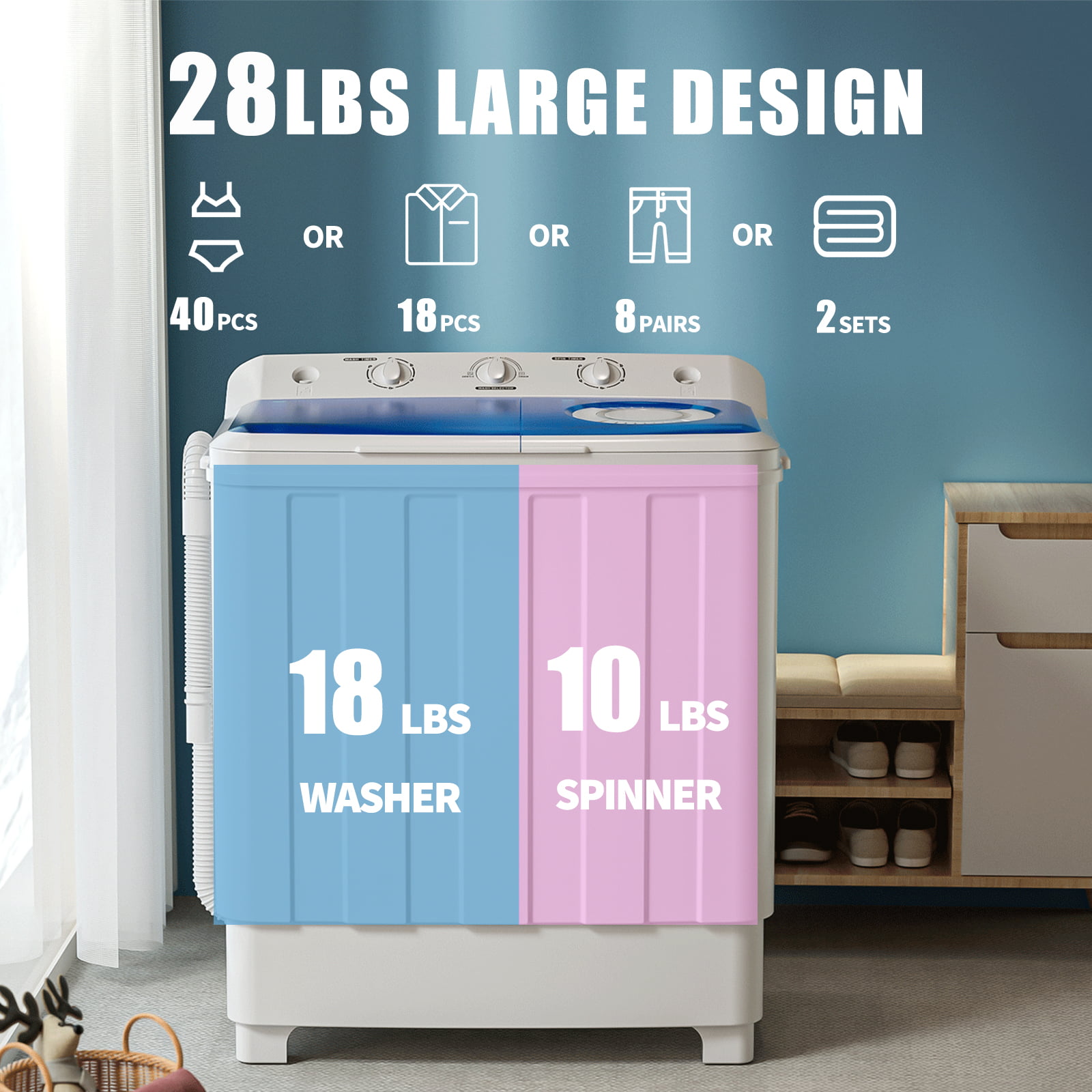 Auertech Portable Washing Machine, 28lbs Mini Twin Tub Washer Compact Laundry  Machine with Drain Pump, Time Control, Semi-automatic 18lbs Washer 10lbs  Spinner for Dorms, Apartments, RVs 