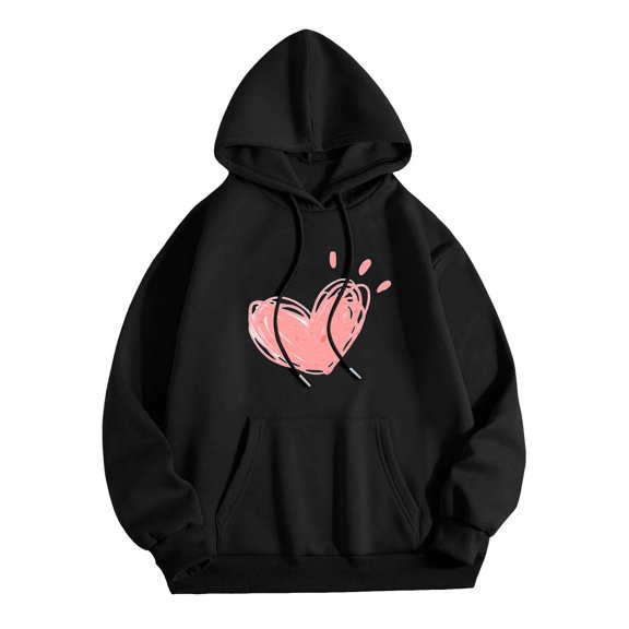 Shirts for Women Dressy Casual Winter Fall Oversized Hooded Long-sleeved Blouson Drop Shoulder Drawstring Heart Print Leisure Cotton Sweatshirt Hoodie(Black,S)