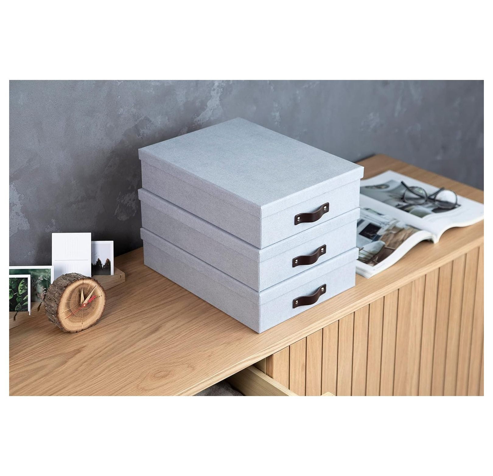 Bigso Oskar Canvas Fiberboard Document Letter Box - File Organizer Box for Important Paperwork - Document Storage with a Lid & Handle - 3.3 in x 10.2 in x 13.8 in - 3 Pack - Blue