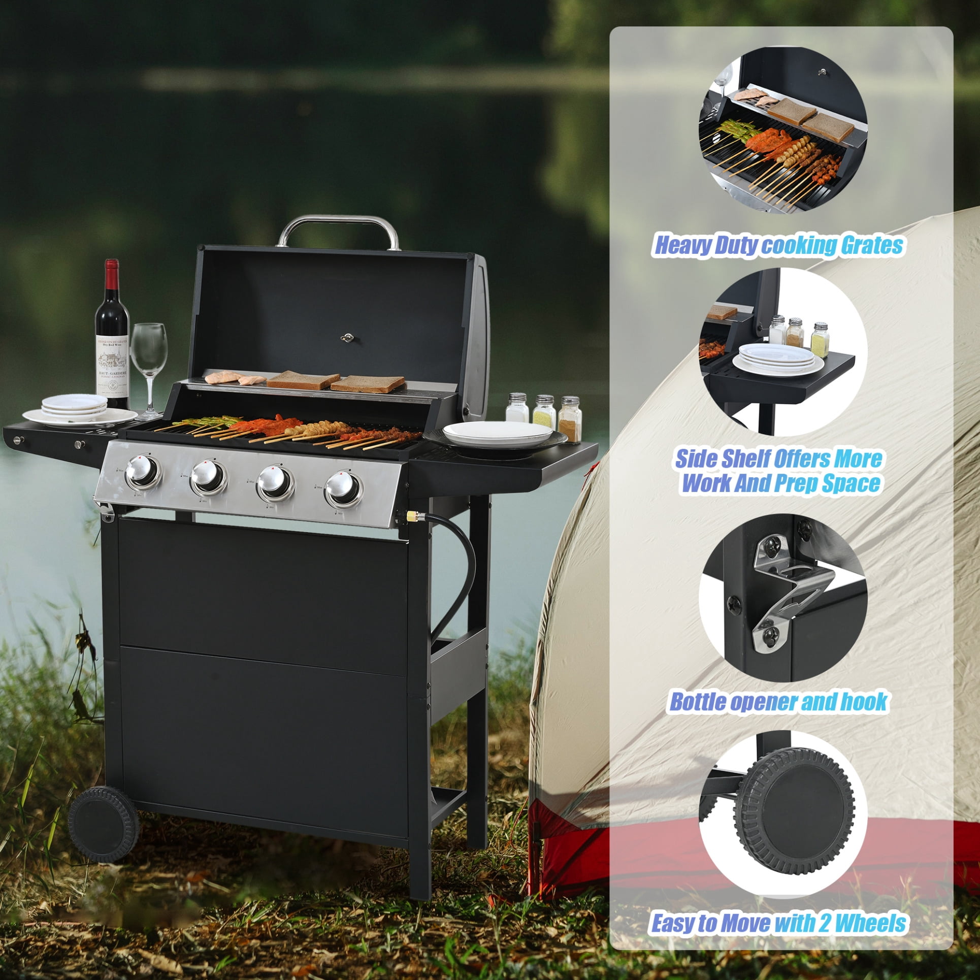 4-Burner Propane Gas Grill with 2 Side Shelves,  34,000 BTU Patio Garden Barbecue Grill with Lid, Wheels and Bottle Opener for Outdoor, Camping, Black