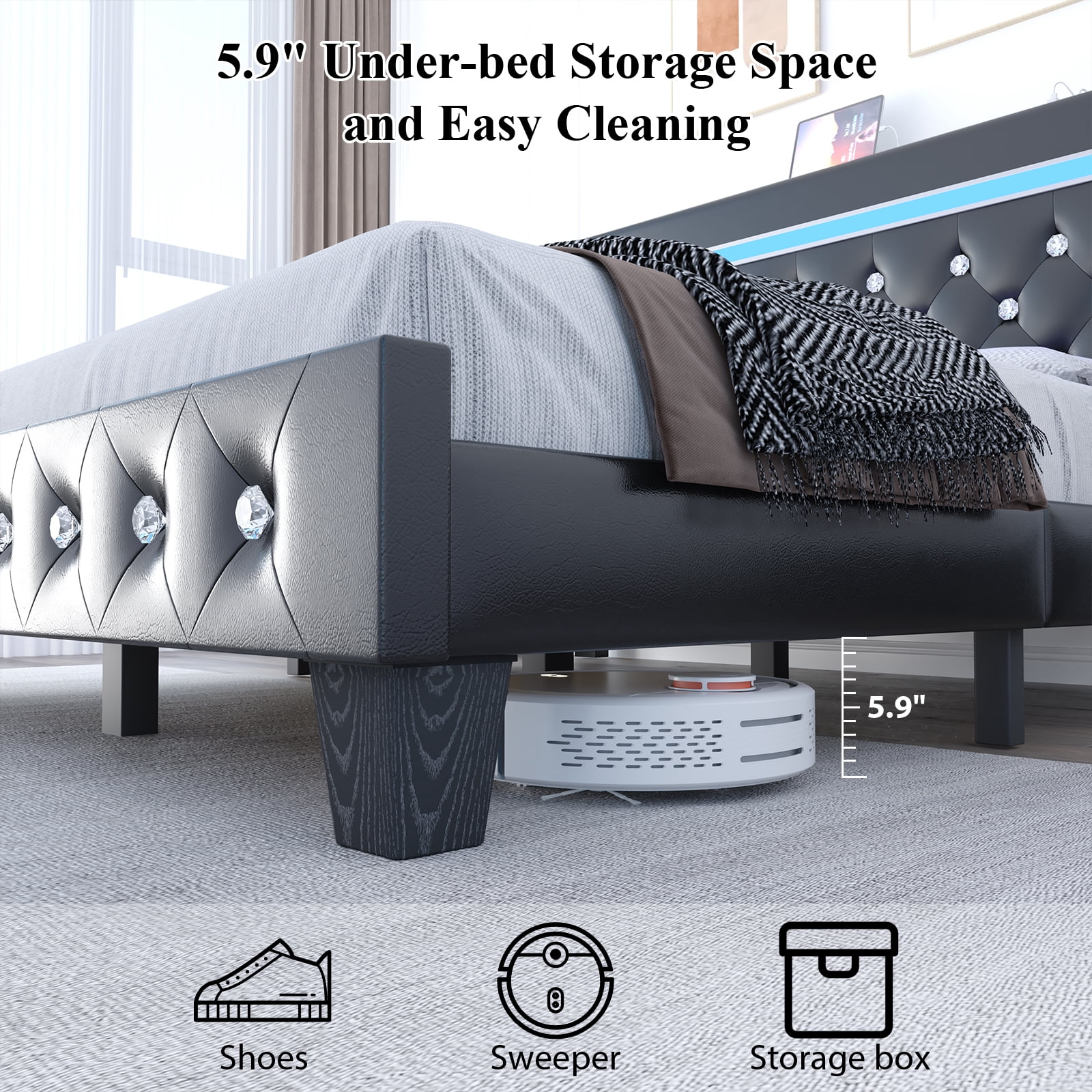 Queen Size Faux Leather LED Bed Frame with Adjustable Headboard Upholstered Platform Bed with Charging Station Diamond Button Tufted Style, Black
