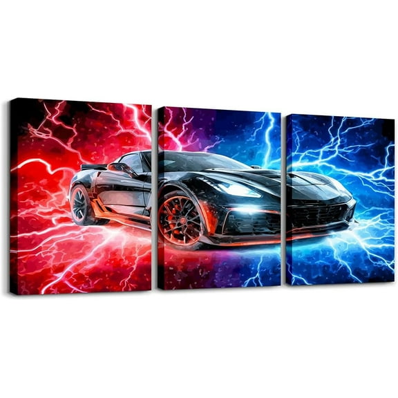 Hieng Race Car Canvas Wall Art for Living Room Bedroom Red Blue Picture Wall Decor for Bathroom Speed Sports Car Kids Boys Girls Artwork Posters Extreme Sports Painting(Only canvas)