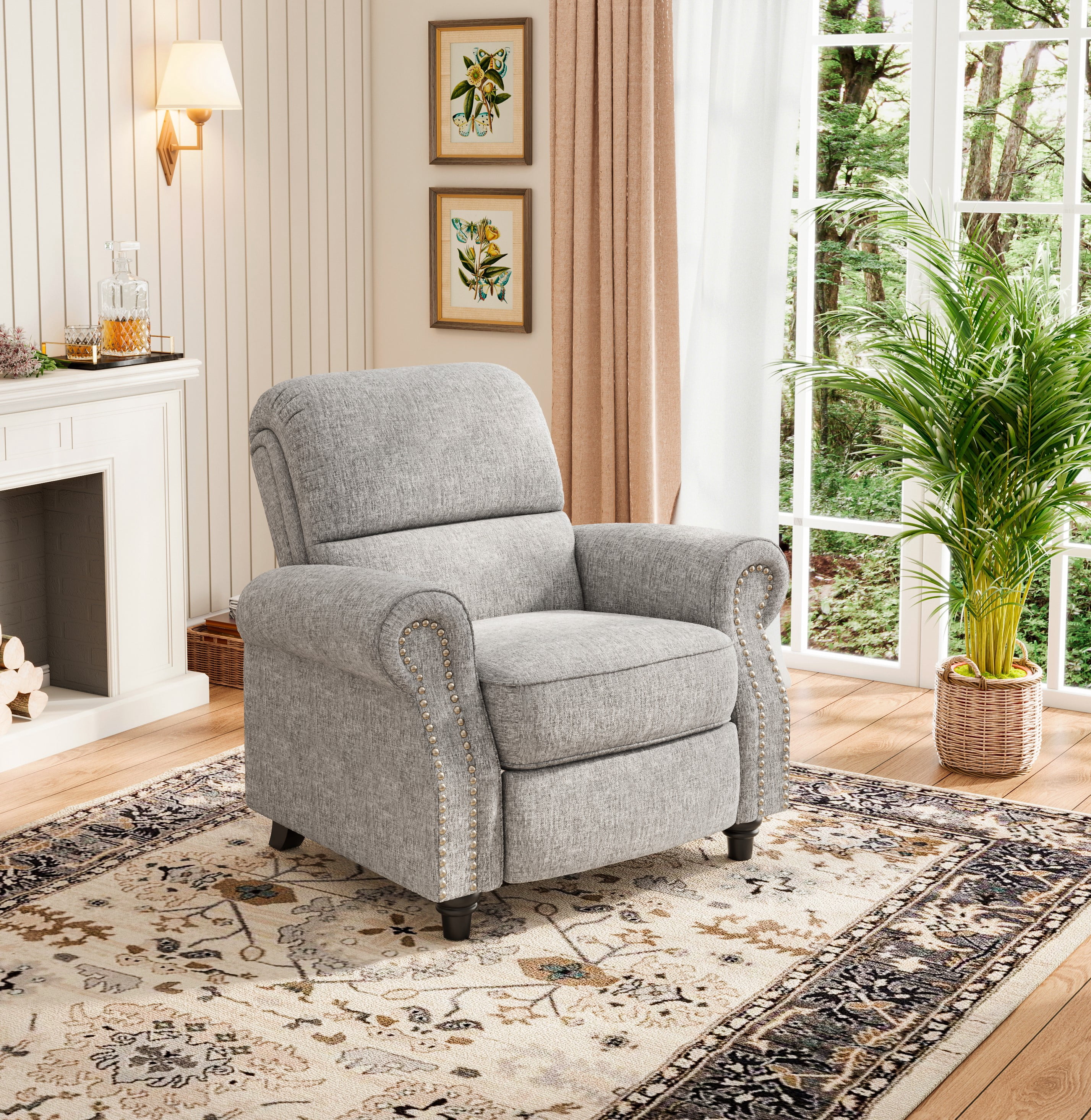 Homesvale Cari Push Back Recliner Chair with Nailheads, Light Gray Polyester, Living Room Recliner