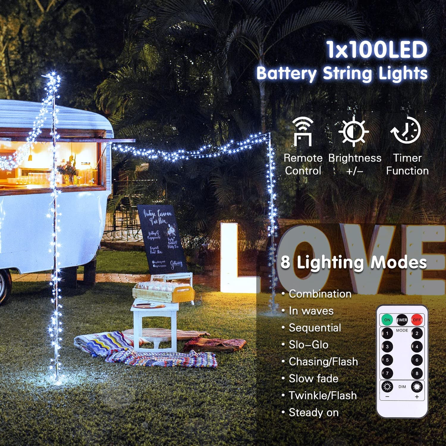 White Battery Operated String Lights Outdoor Waterproof, 33ft 100 LED Battery Power Christmas Lights Indoor, 8 Modes Twinkle Fairy Mini Lights with Remote for Wedding Bedroom Tree