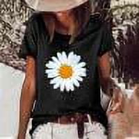 Femmes Tops Femmes Été Tops 2023 Mode Femme Causal Marguerite Col Rond Impression Blouse Manches Courtes T-Shirt Été Tops Noir XL