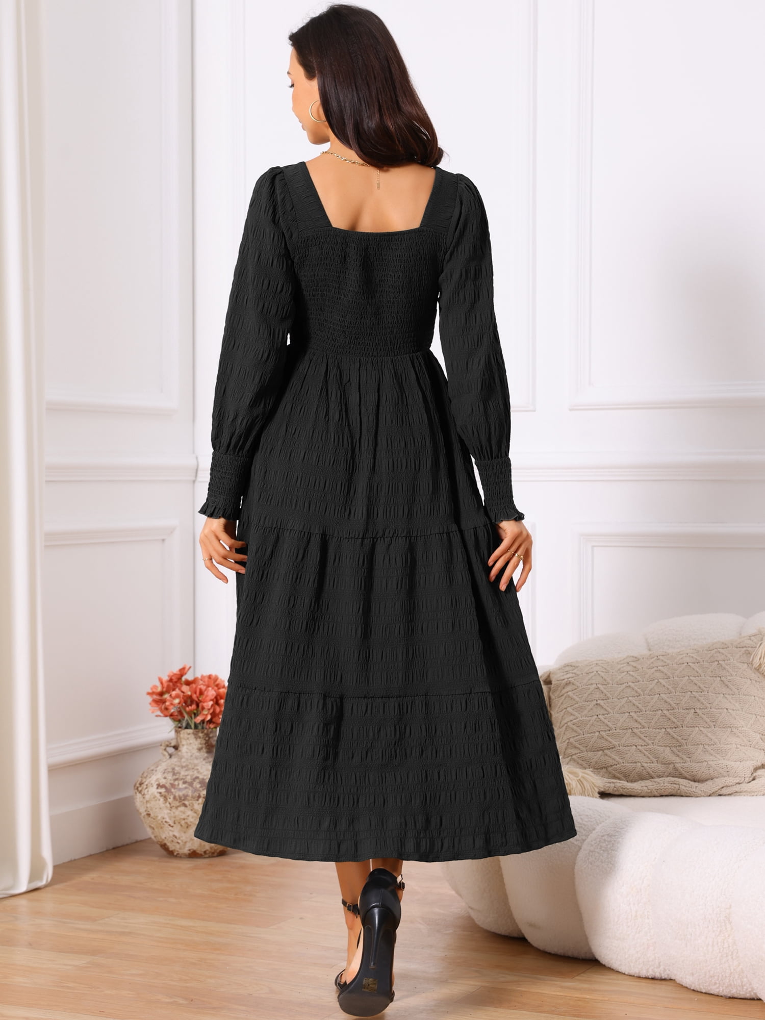 DARING DIVA Women's Long Sleeve Square Neck Flowy Tiered Maxi Dress M Black