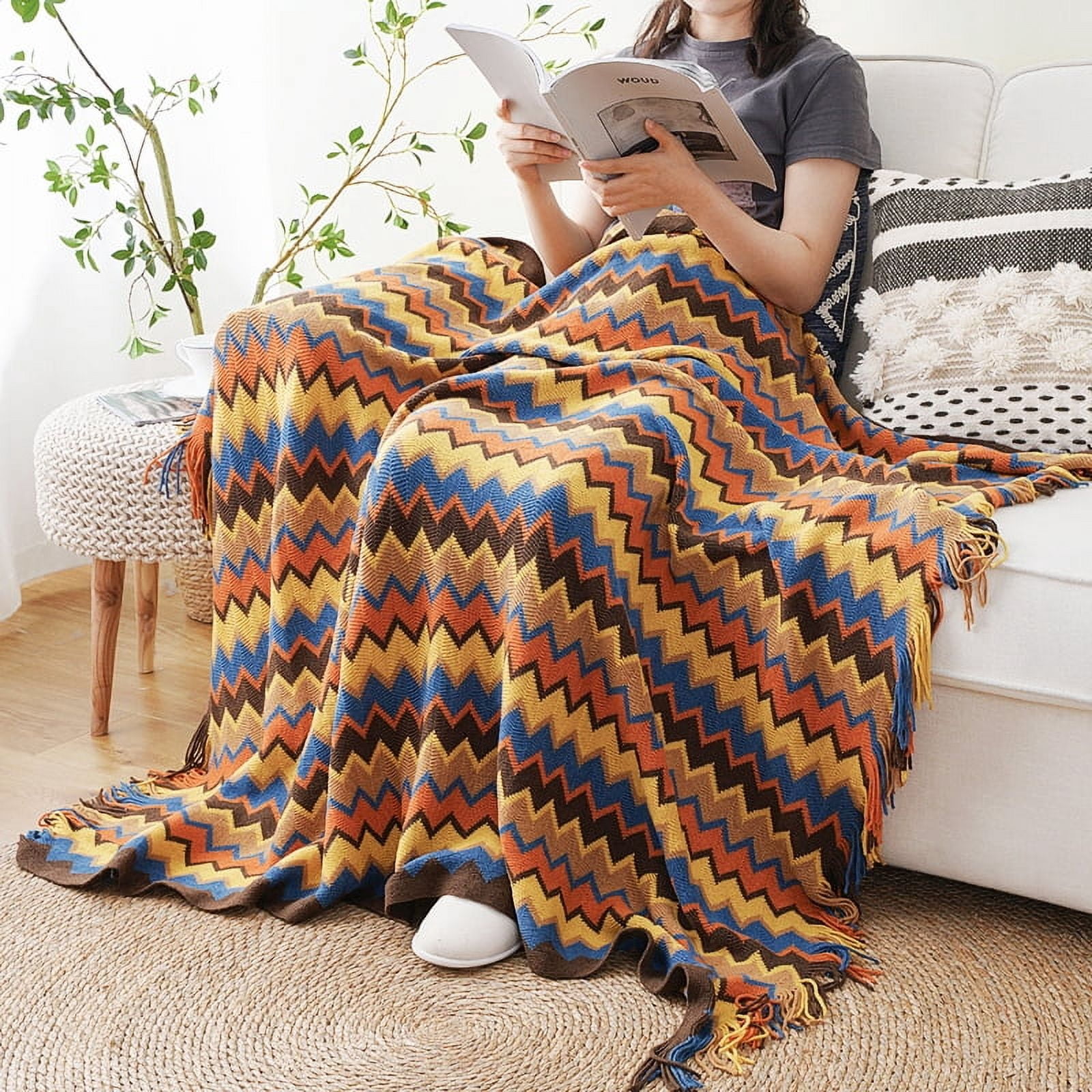 Battilo Boho Throw Blanket,Fall Decorative Knit Throws,Afghans Blanket for Bed Sofa,50"x80"