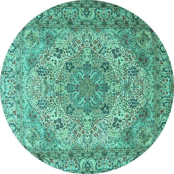 Ahgly Company Machine Washable Indoor Round Persian Turquoise Blue Traditional Area Rugs, 4' Round